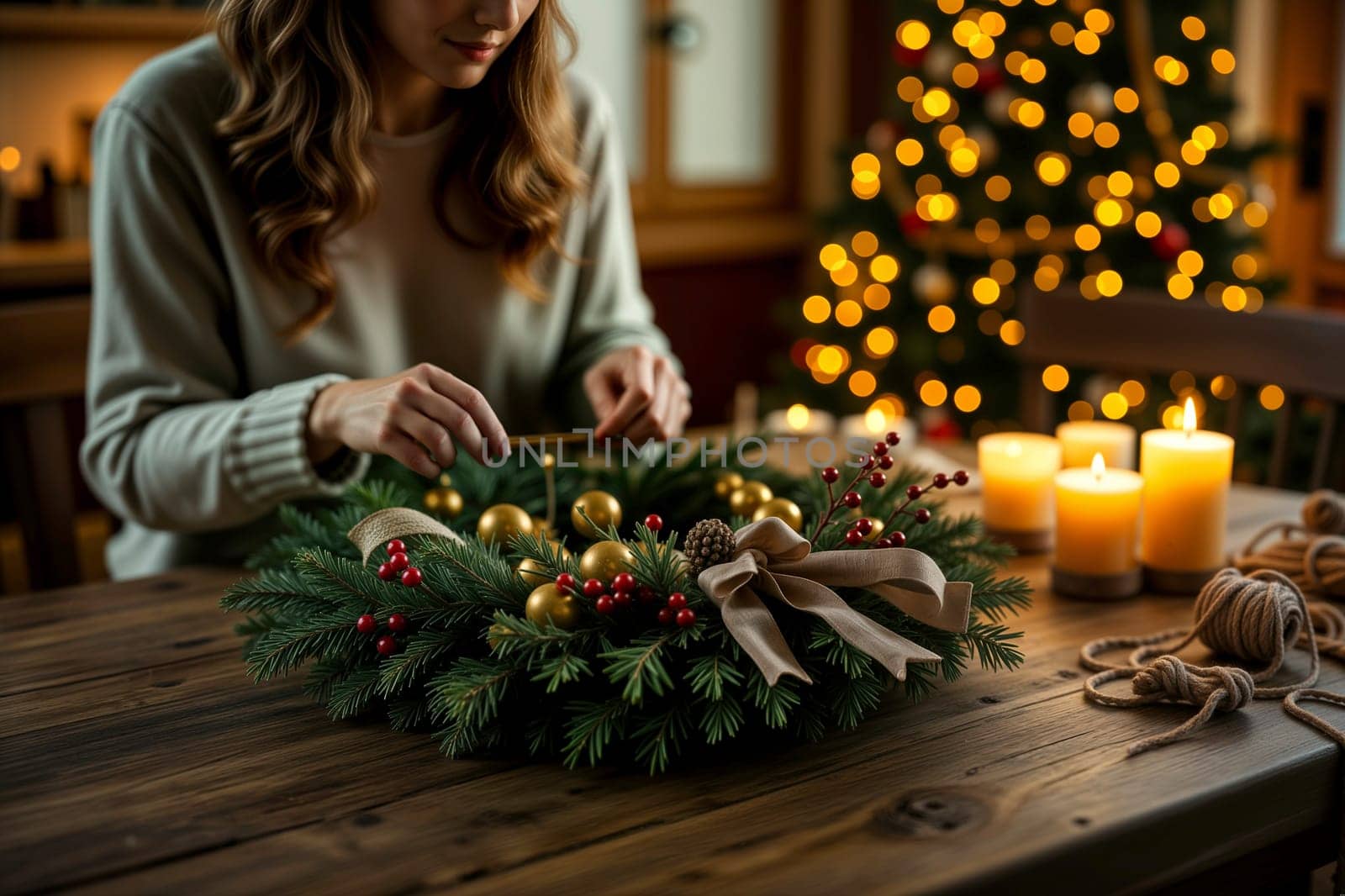 Woman decorating a festive Christmas wreath in a warm and cozy home interior. Holiday spirit, creativity, and seasonal traditions