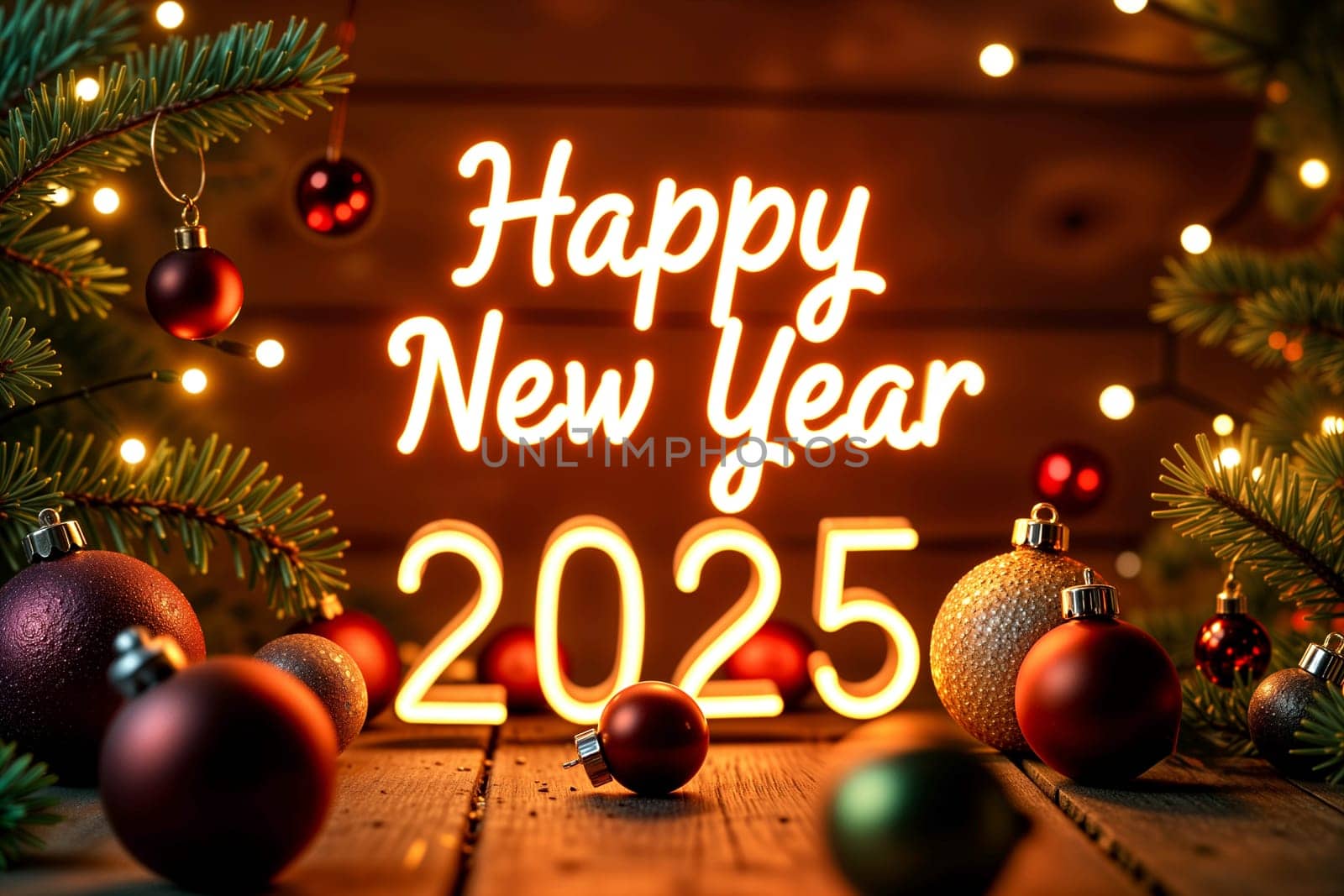 Festive Happy New Year 2025 neon sign surrounded by Christmas ornaments, pine branches, and glowing lights. Holiday celebrations and New Year's promotions.