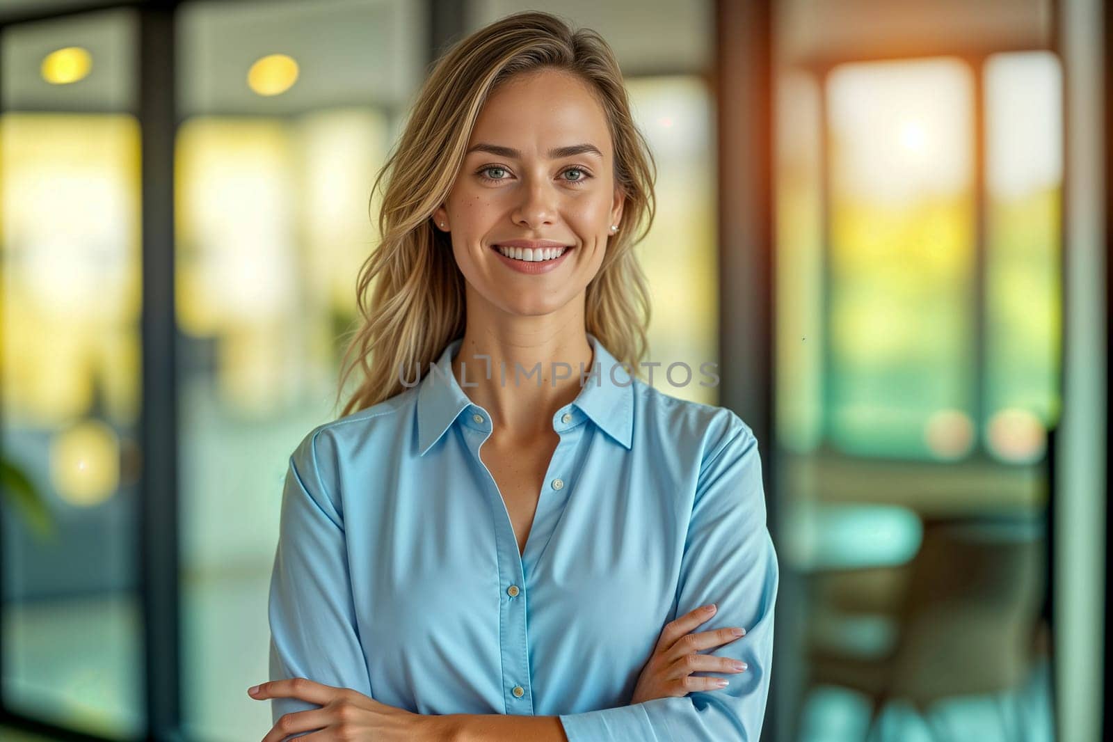 Portrait of a confident young businesswoman standing with arms crossed in a bright, modern office. Professionalism, success, and workplace inspiration