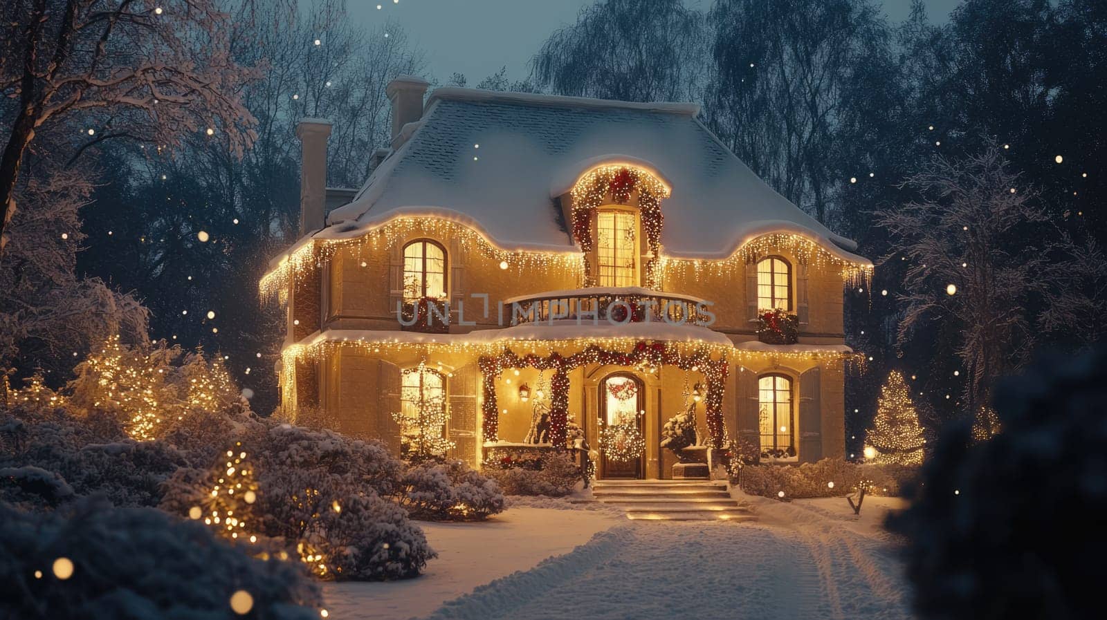 French style house decorated and illuminated for Christmas and New Year. City mansion in winter park covered with snow.