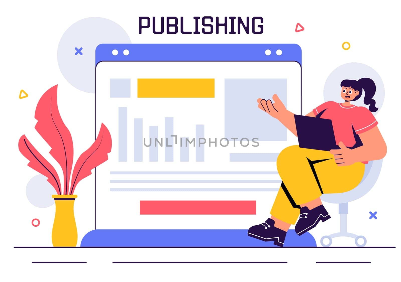 Digital Publishing Vector Illustration featuring Blog Content Marketing, Writing for Social Media, and Webpage Organization in a Flat Style Background