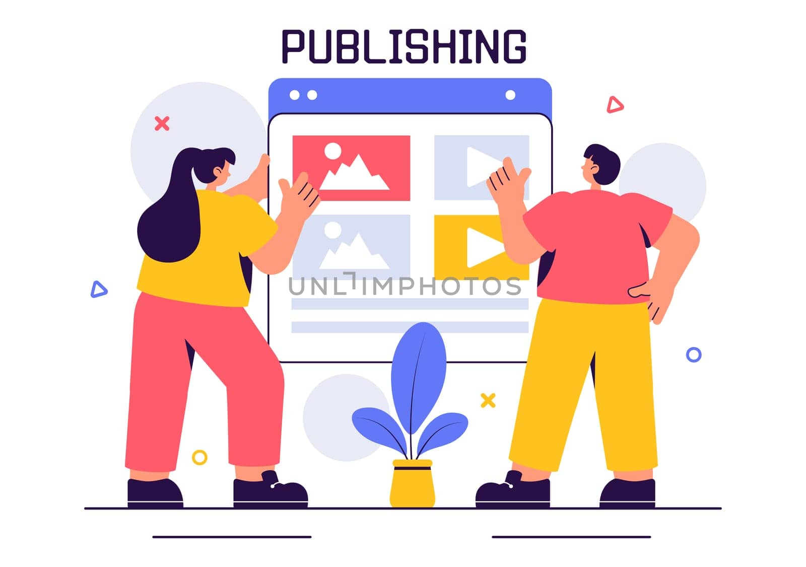 Digital Publishing Vector Illustration featuring Blog Content Marketing, Writing for Social Media, and Webpage Organization in a Flat Style Background