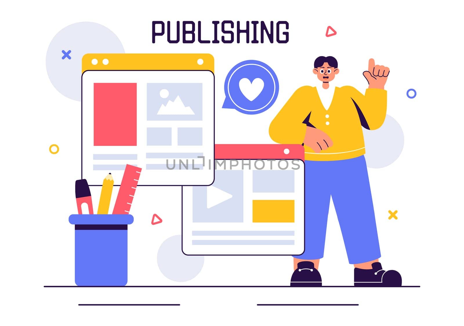 Digital Publishing Vector Illustration featuring Blog Content Marketing, Writing for Social Media, and Webpage Organization in a Flat Style Background