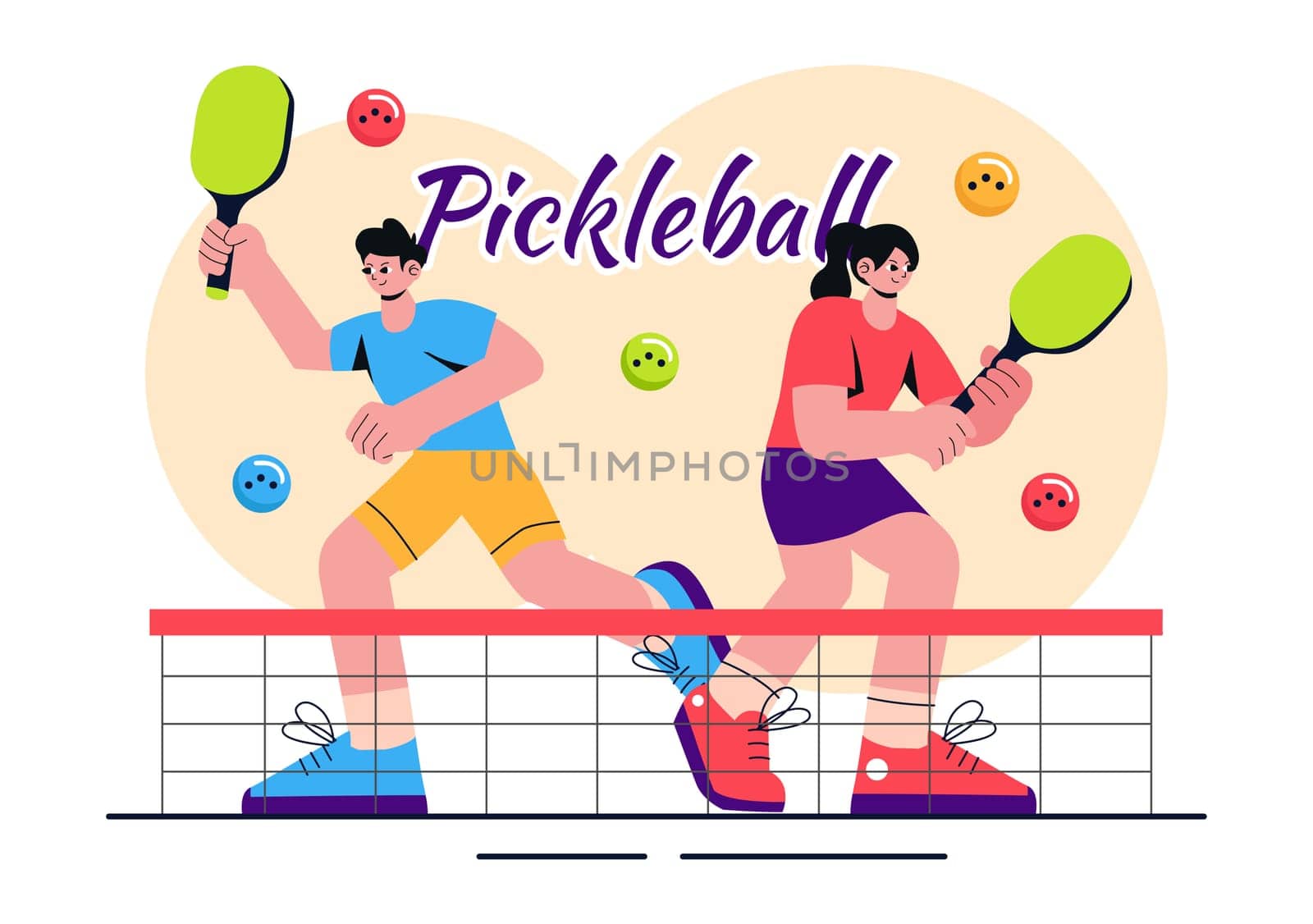 Pickleball Game Sport Illustration featuring Pickleball Players with Rackets, Paddles, and a Court for Sports Activities and Matches in a Background