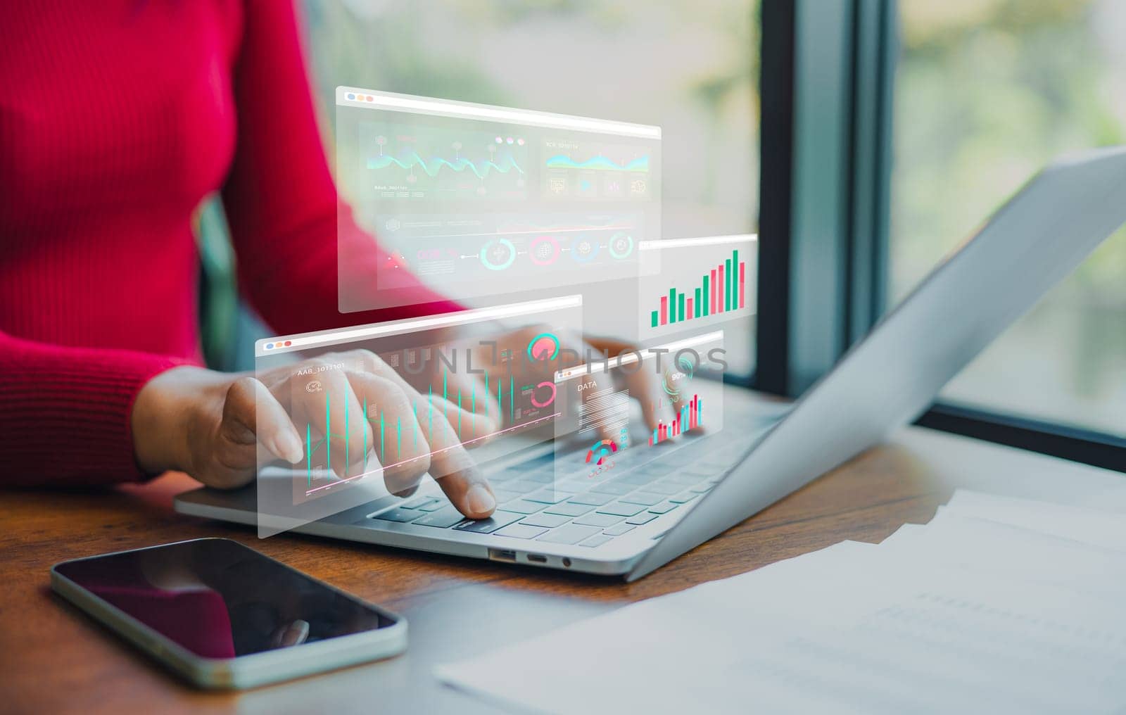 Professional women wearing red sweater working about new startup on laptop to analysis finance of project in outside office, Woman working using laptop online meeting in home office.