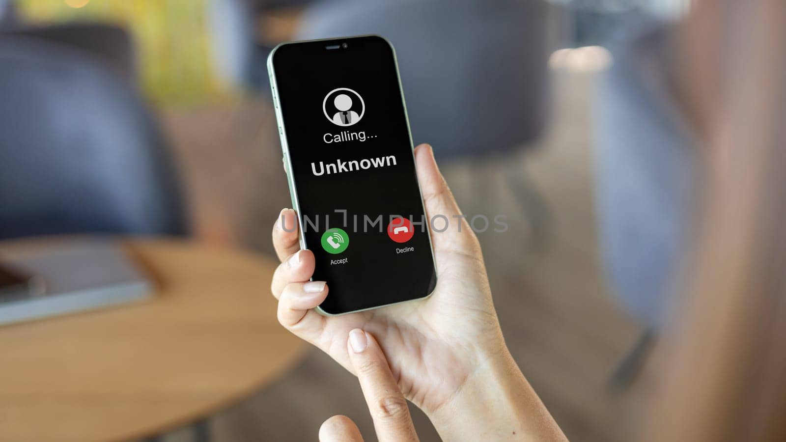 Scam with mobile phone, Woman receives a phone call from an unknown number, Concept of scammers or strangers, Fraud and contact to sell mobile internet promotions, Spam, Fake identity, Scammer.