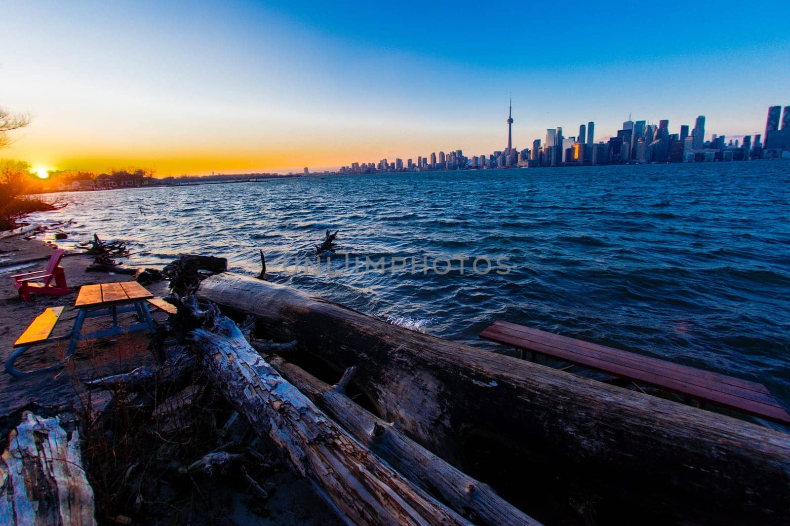 Sunset and rippling lakeside. Shooting Location: Toronto