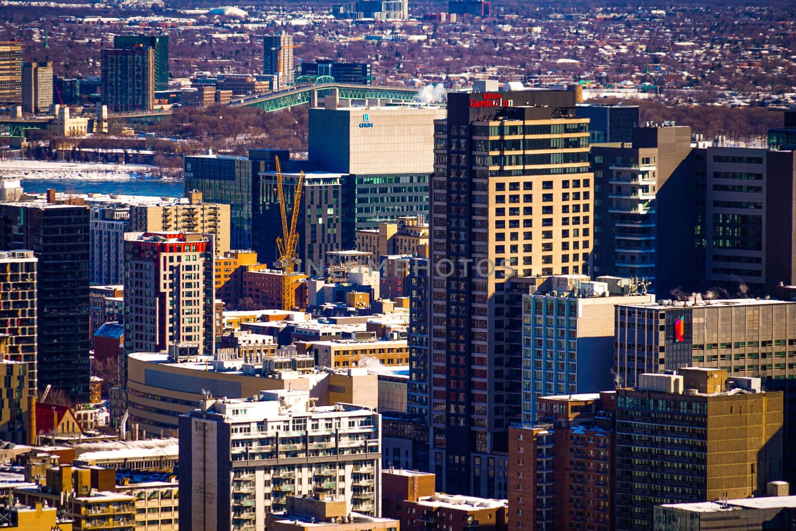 Cranes and buildings in the city. Shooting Location: montreal, canada