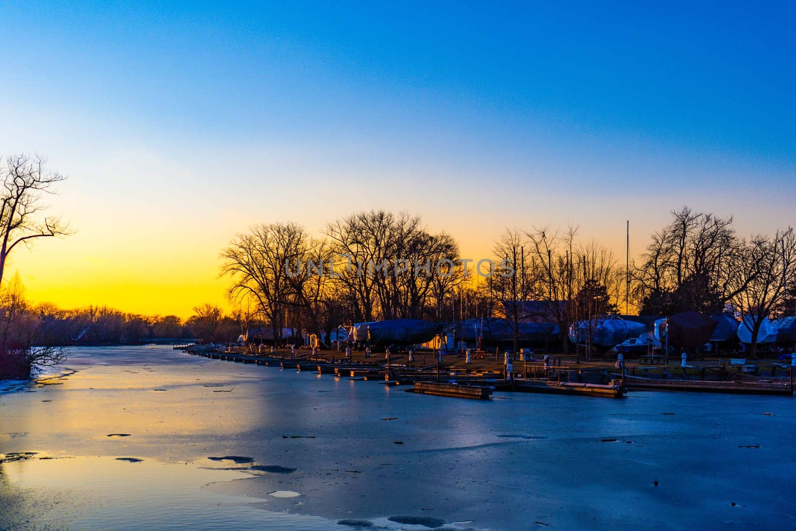 Frozen river and twilight scenery. Shooting Location: Toronto