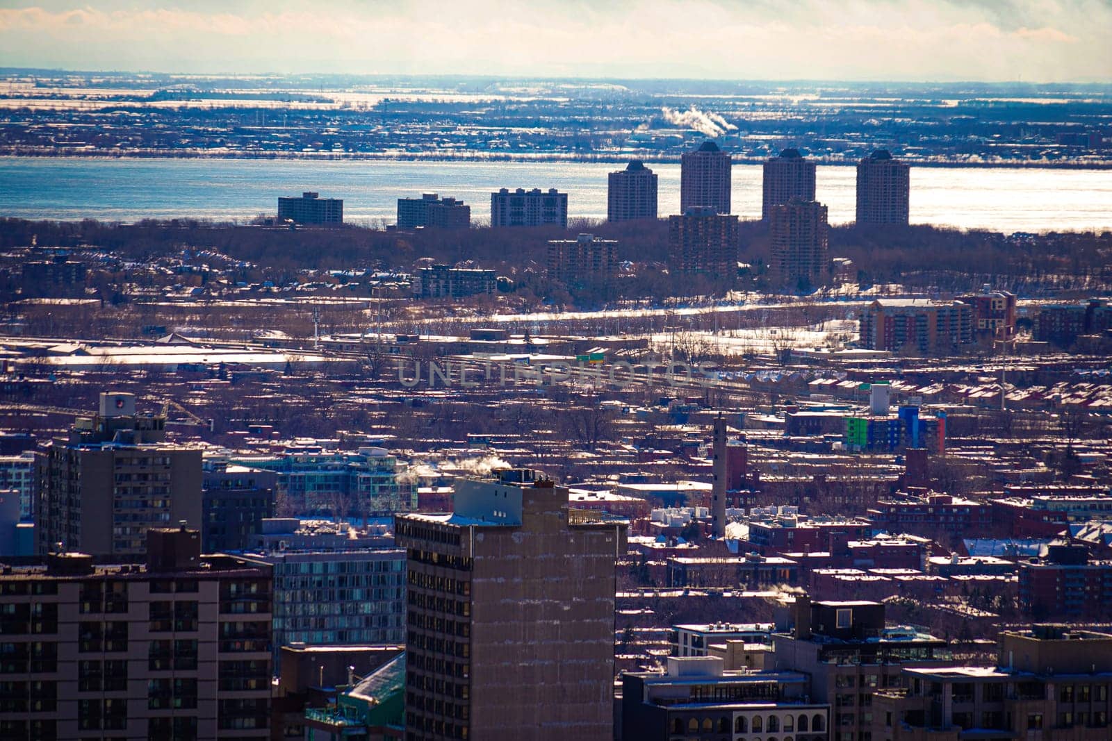 Winter cityscape and river. Shooting Location: montreal, canada
