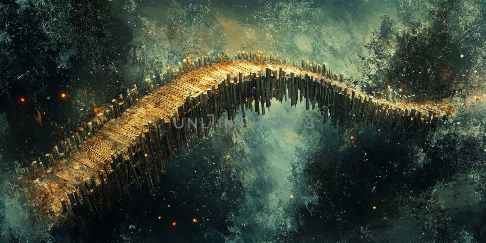 A magical wooden bridge arches through a mystical forest, surrounded by glowing particles and an ethereal atmosphere.