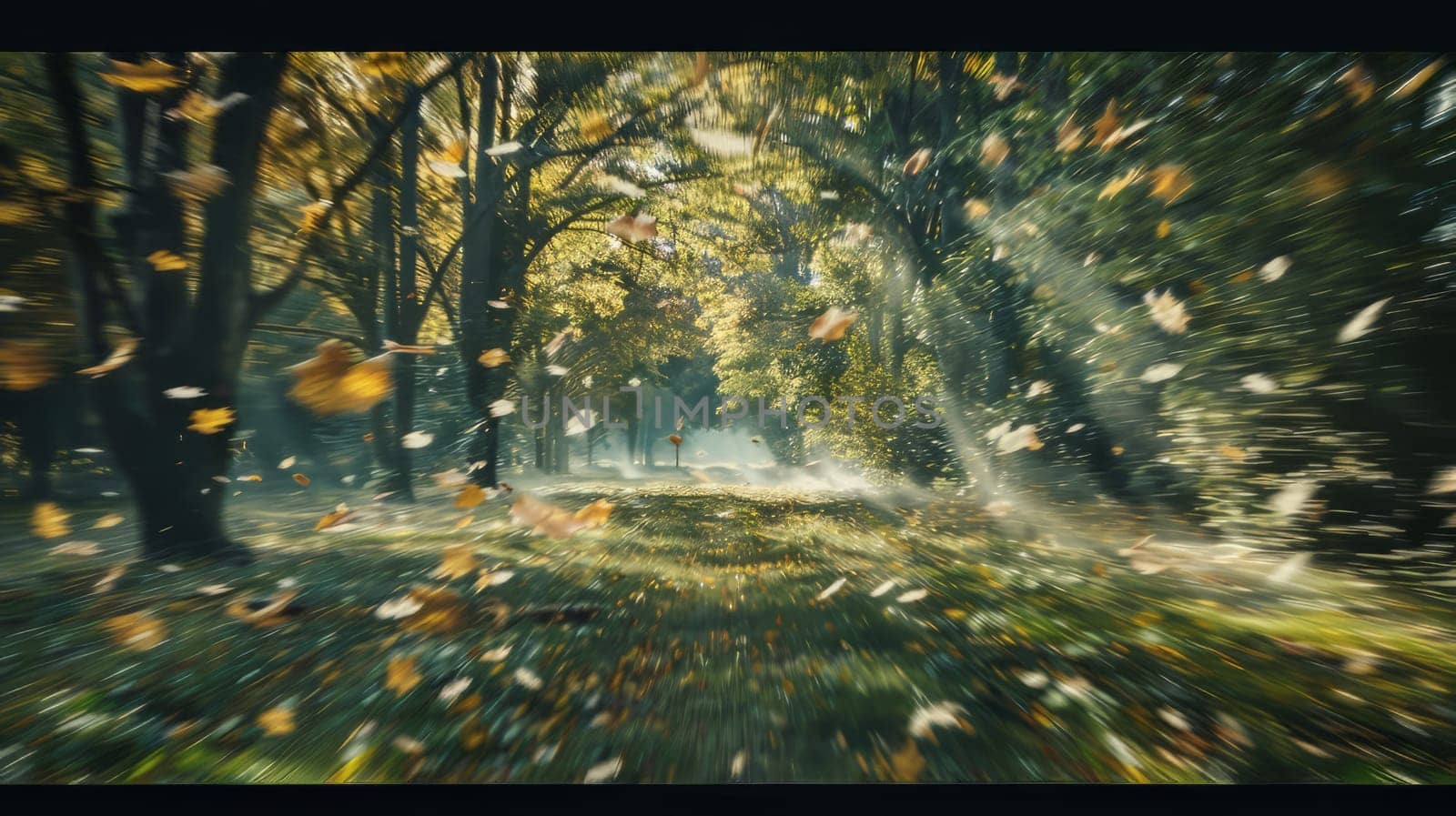 A dynamic forest with leaves in motion on a windy day
