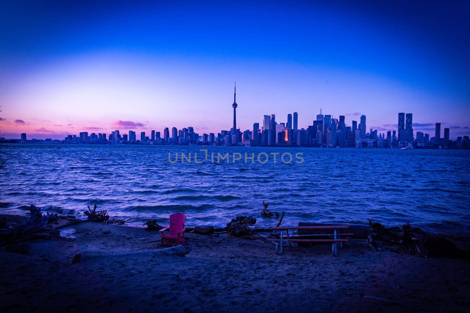Toronto night view across the lake. Shooting Location: Toronto