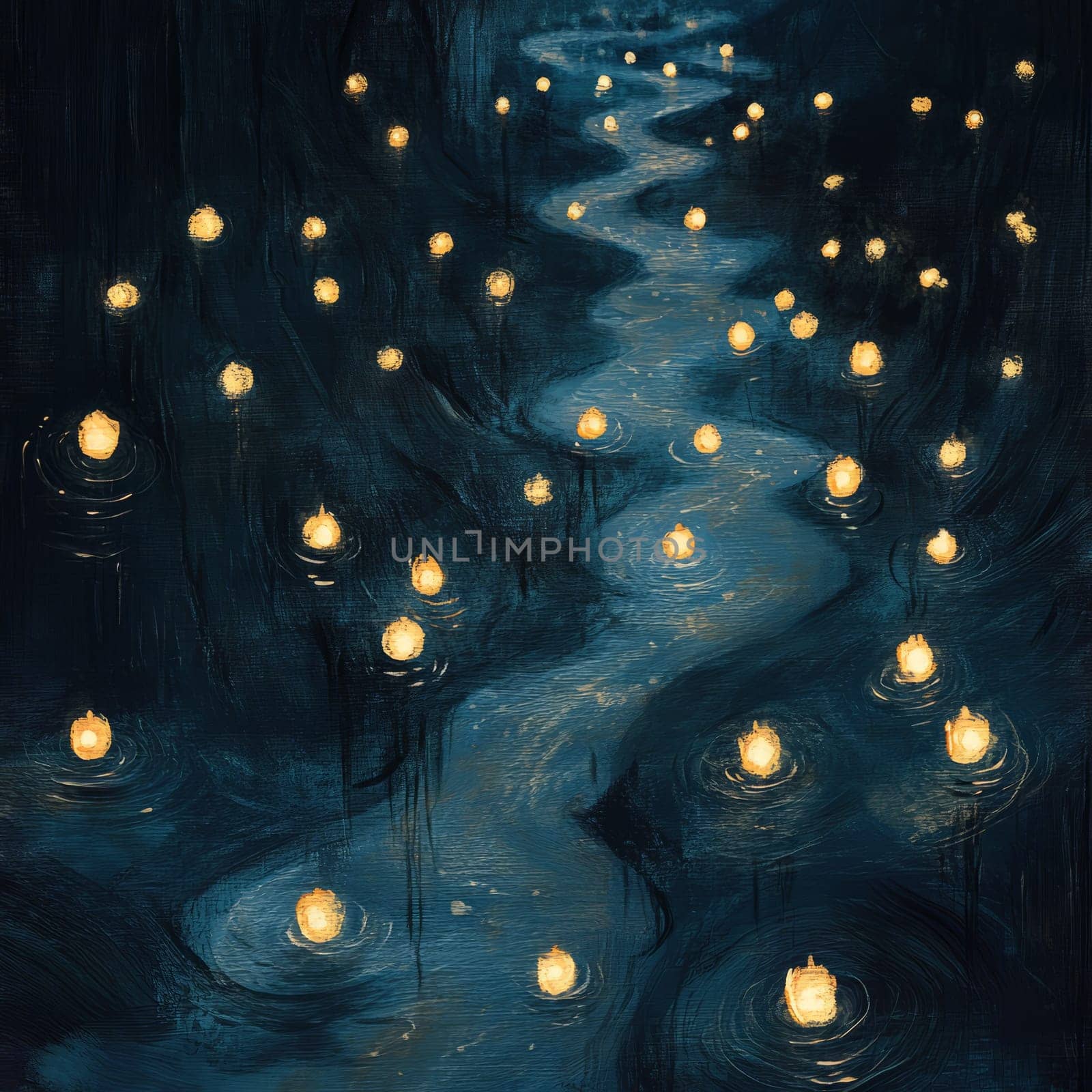 A painting of a river with many lights floating on the water. The lights are small and scattered throughout the painting