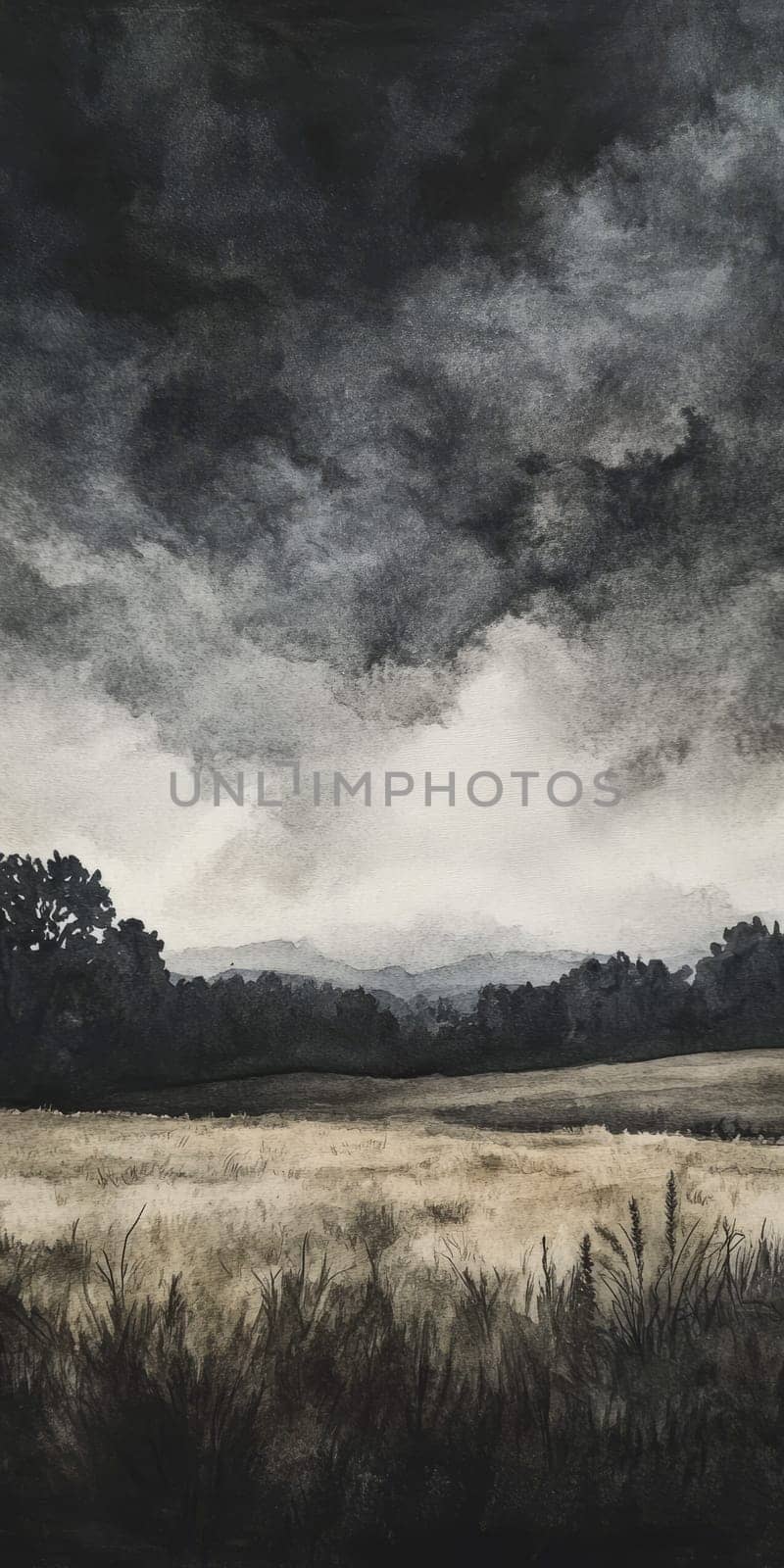 A captivating watercolor painting of a stormy sky over a tranquil countryside, showcasing dramatic clouds and rolling hills.