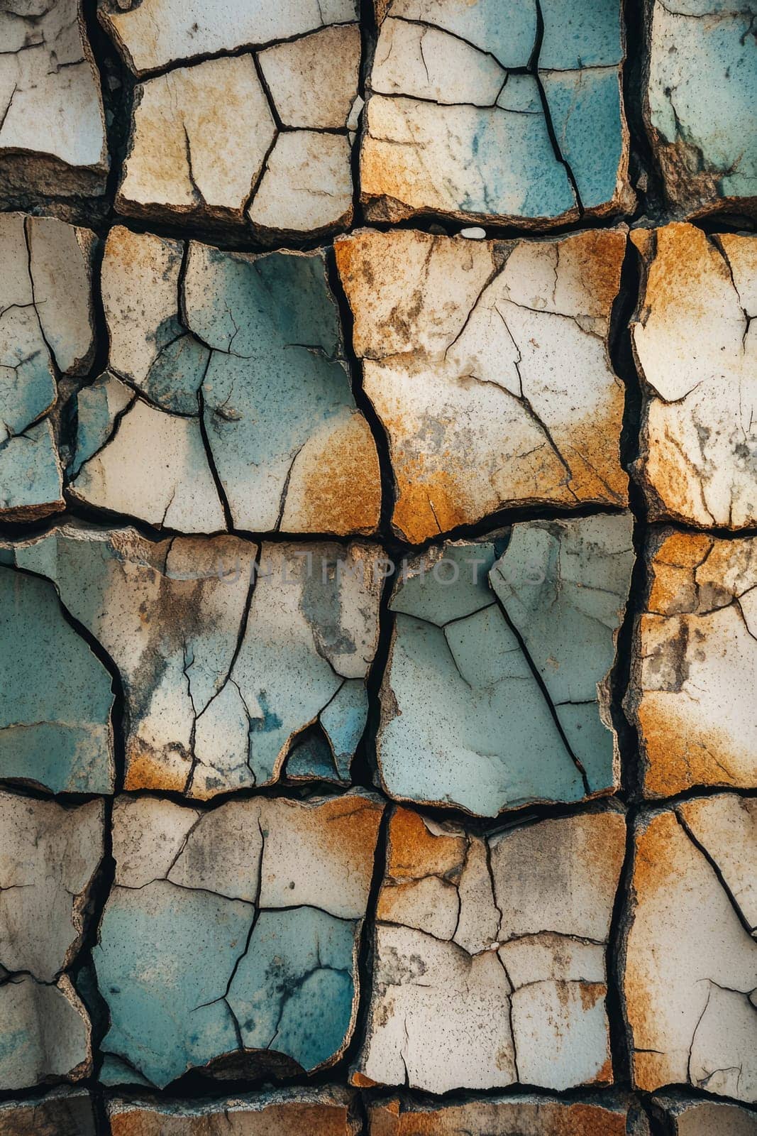 The image is a close up of a wall with a cracked and broken surface. The wall is made of stone and has a blue and white pattern