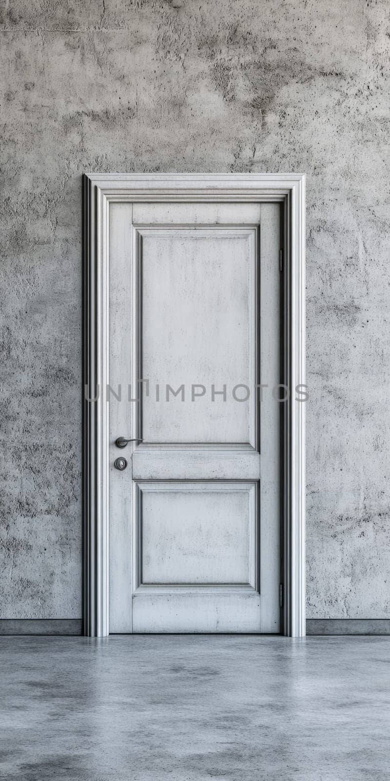 A white door with a wooden frame is standing in front of a wall. The door is open, and the wall is made of concrete