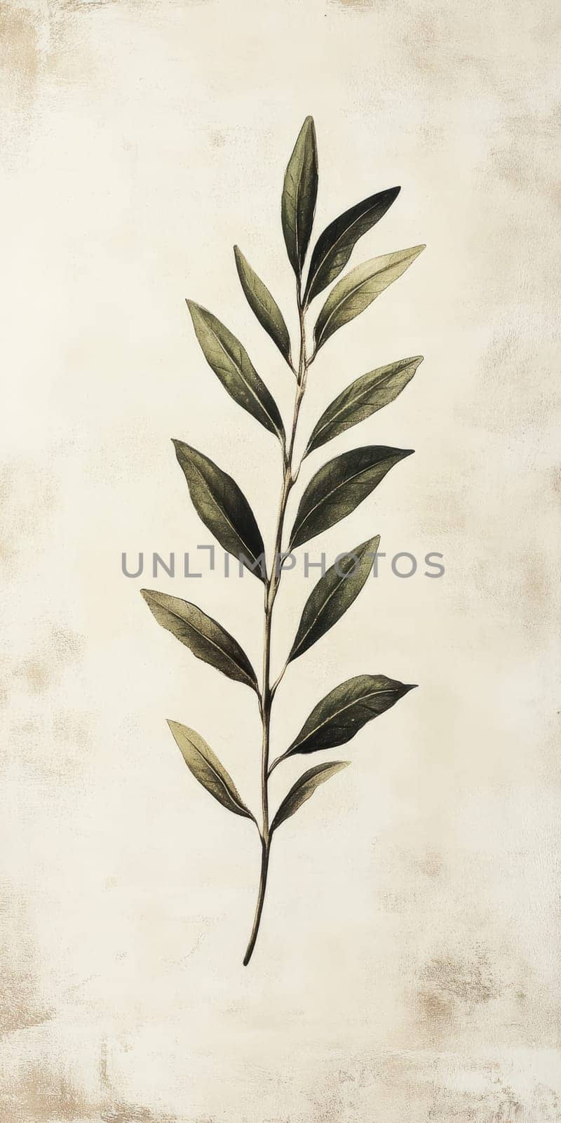 A detailed botanical illustration of an olive branch, showcasing green leaves on a vintage textured background.