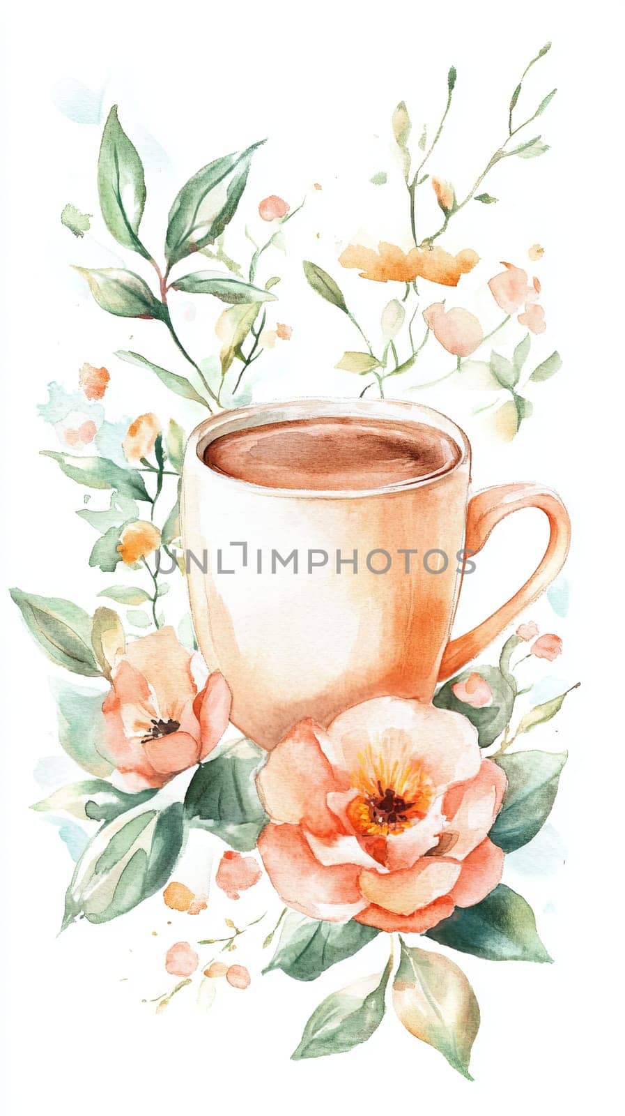 A cup of coffee is surrounded by flowers in a watercolor painting. The flowers are pink and green, and the cup is white. The painting has a warm and inviting mood