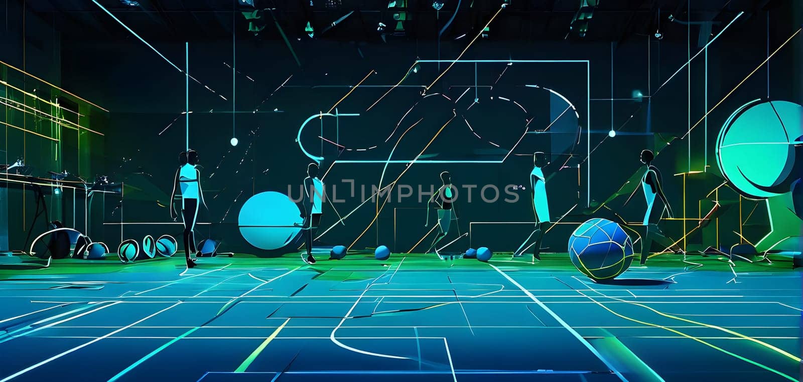 Converging digital lines and sport gear silhouettes creating an abstract pattern to show AI impact in sports training