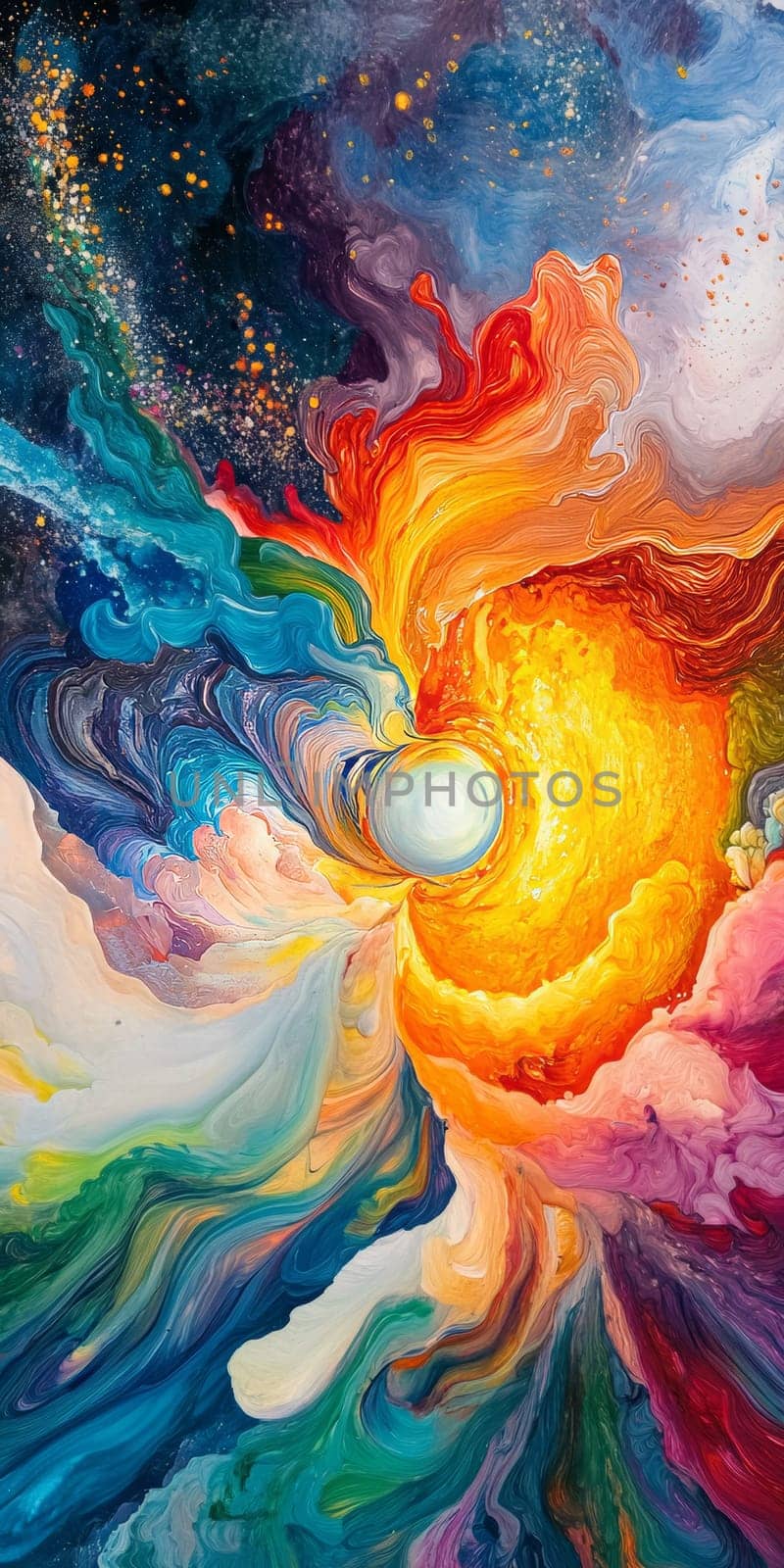 A vibrant abstract painting featuring swirling colors and light, resembling a cosmic explosion. Perfect for artistic and creative projects.