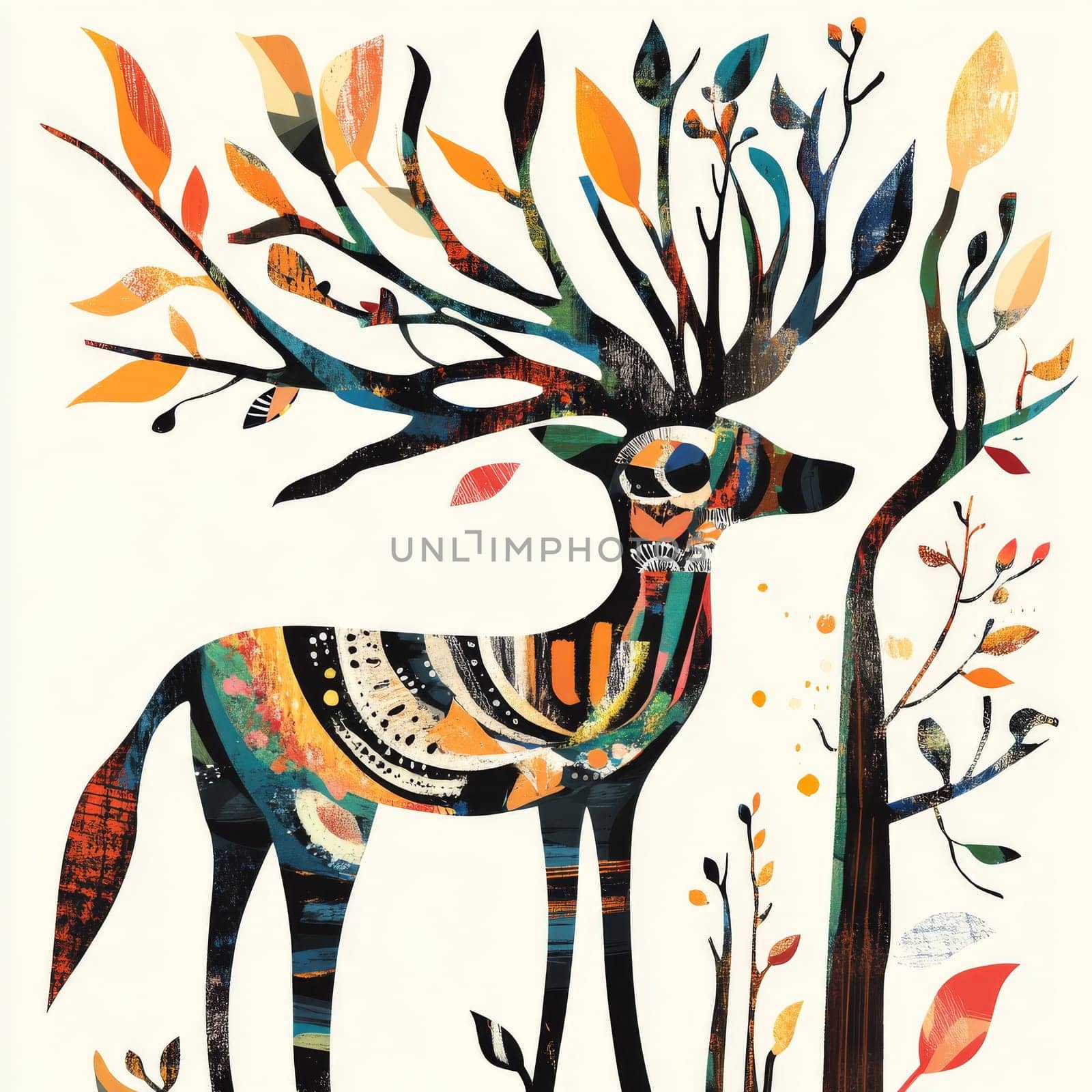 A colorful abstract illustration of a deer with vibrant antlers and autumn leaves, showcasing modern artistic creativity.