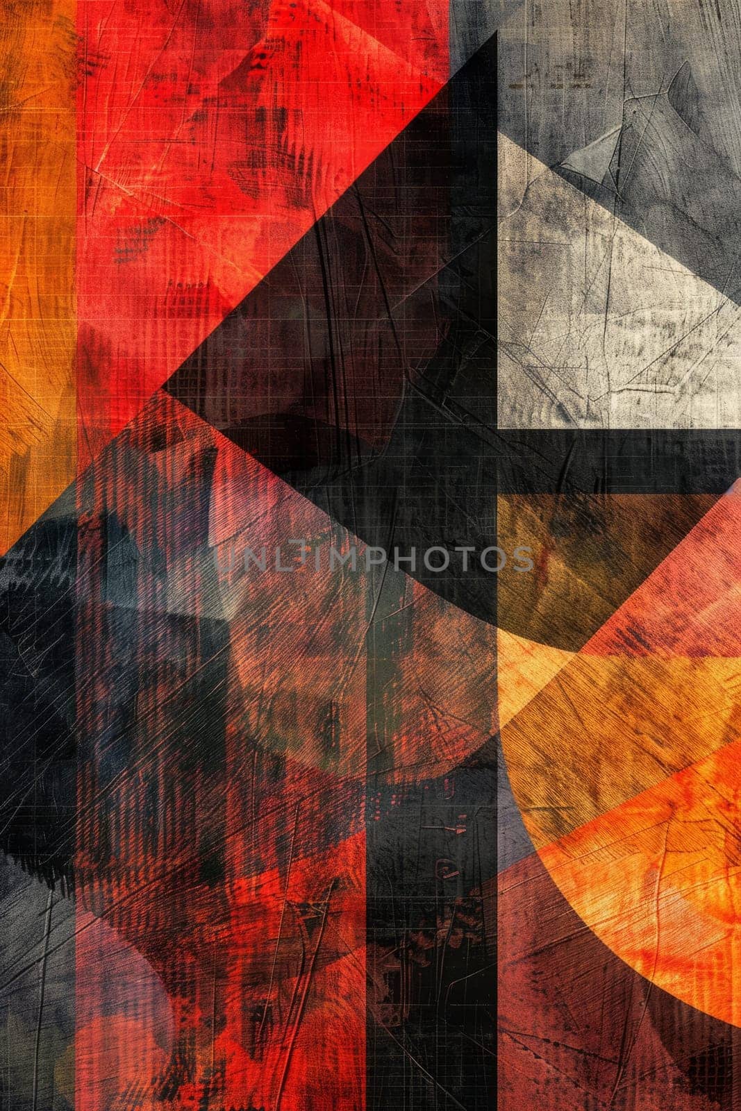 Vibrant abstract artwork featuring geometric shapes in red and orange tones on a textured surface, creating a dynamic visual effect.