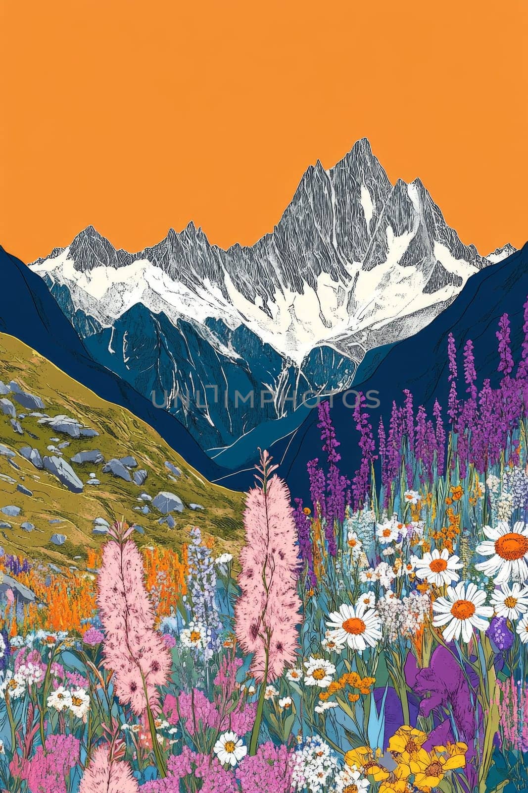 A mountain range with a purple flower field in the foreground. The flowers are purple and yellow. The mountains are in the background