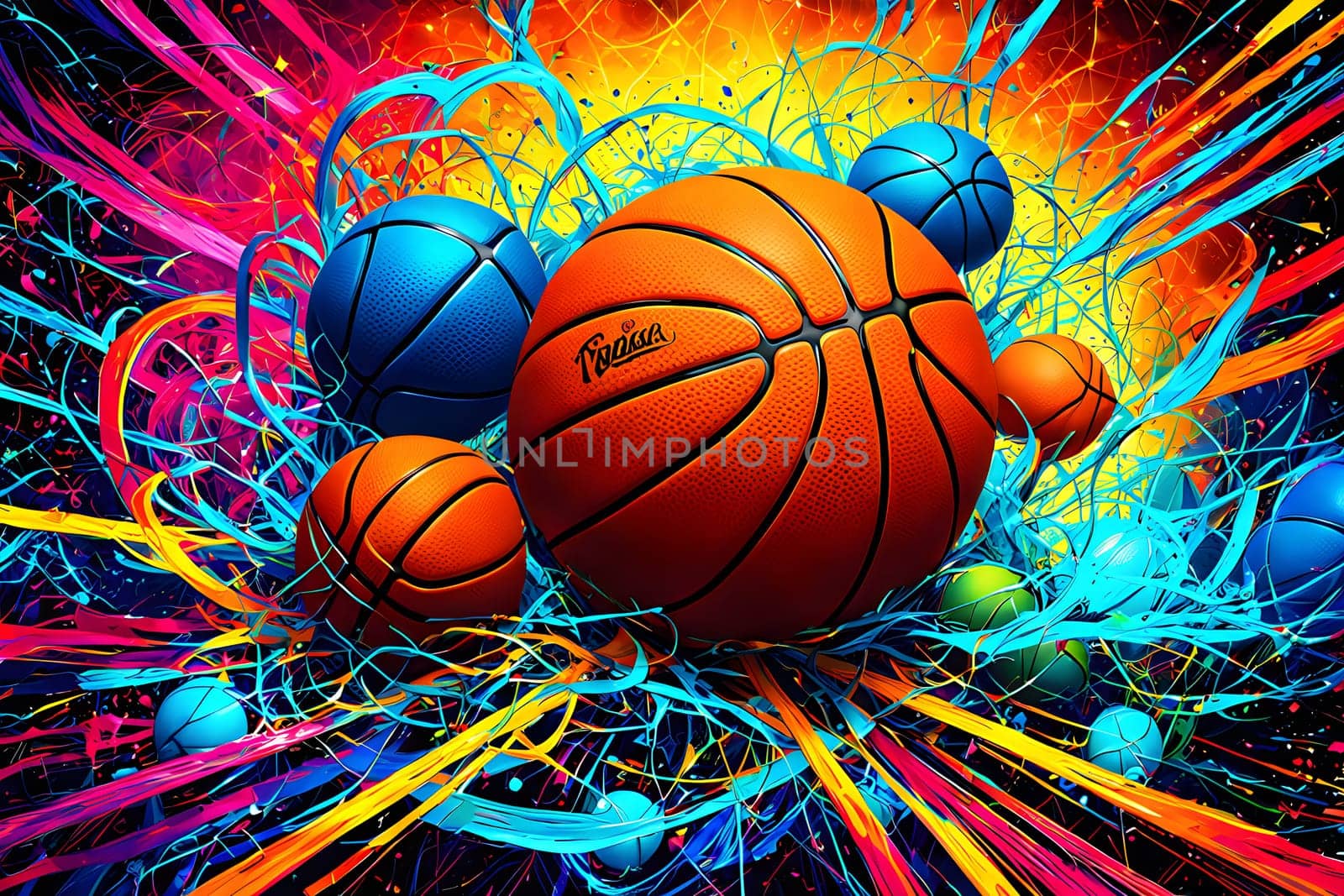 vibrant mix of abstract circuitry intertwined with basketball balls, representing AI role in personalized sports training