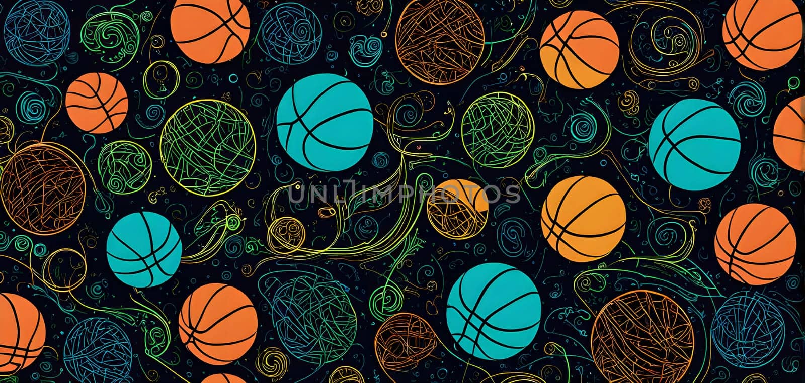 vibrant mix of abstract circuitry intertwined with basketball balls, representing AI role in personalized sports training