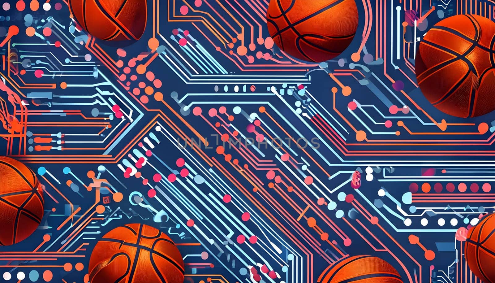 vibrant mix of abstract circuitry intertwined with basketball balls, representing AI role in personalized sports training