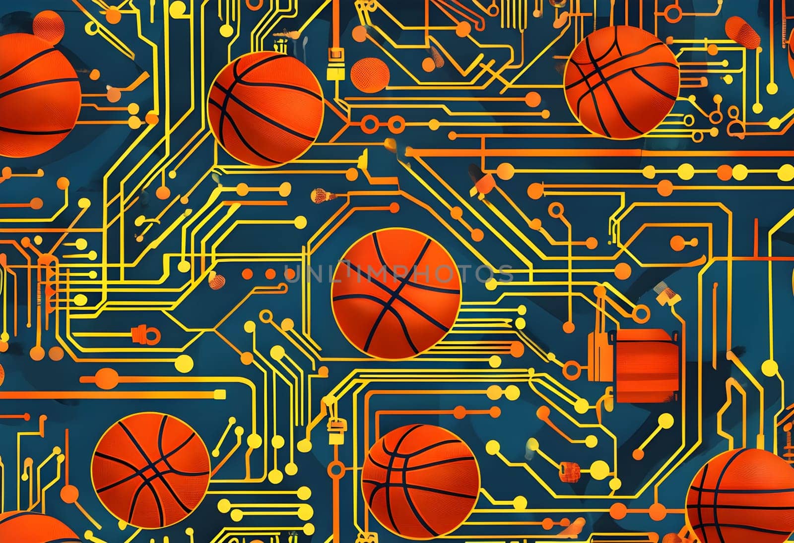 vibrant mix of abstract circuitry intertwined with basketball balls, representing AI role in personalized sports training