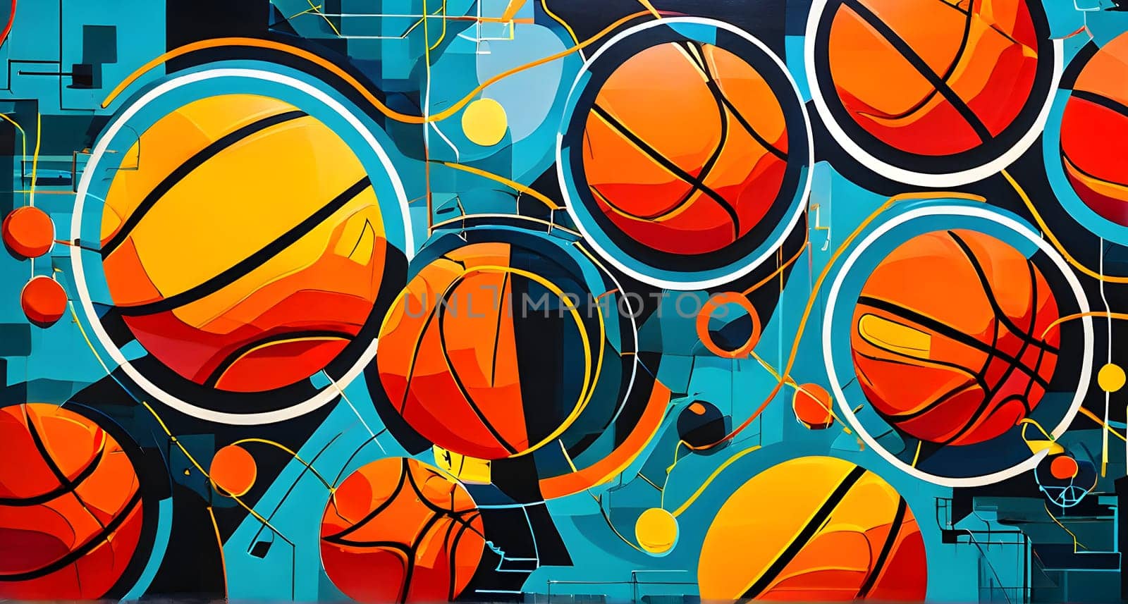 vibrant mix of abstract circuitry intertwined with basketball balls, representing AI role in personalized sports training