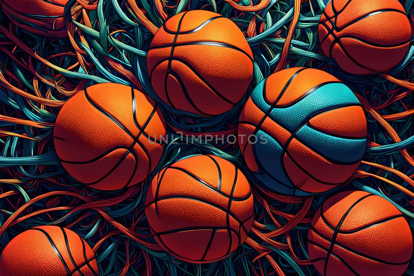vibrant mix of abstract circuitry intertwined with basketball balls, representing AI role in personalized sports training