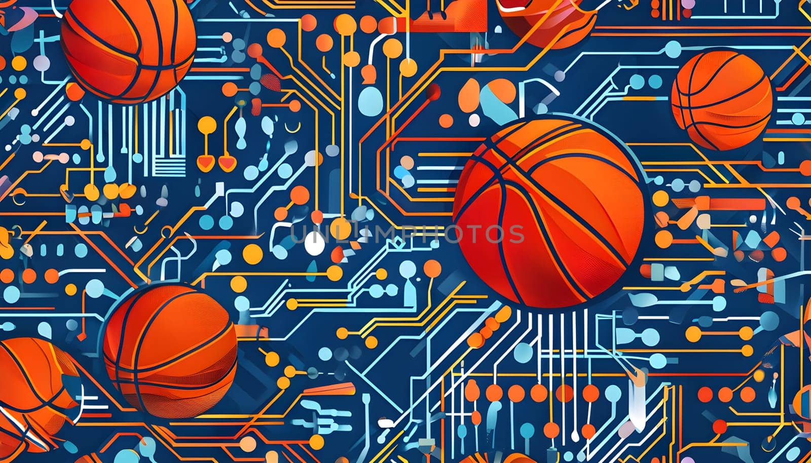 vibrant mix of abstract circuitry intertwined with basketball balls, representing AI role in personalized sports training