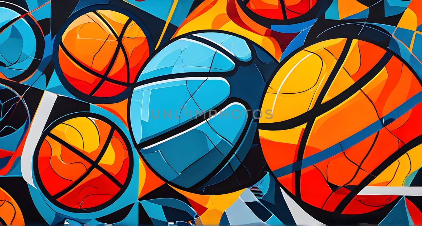 vibrant mix of abstract circuitry intertwined with basketball balls, representing AI role in personalized sports training