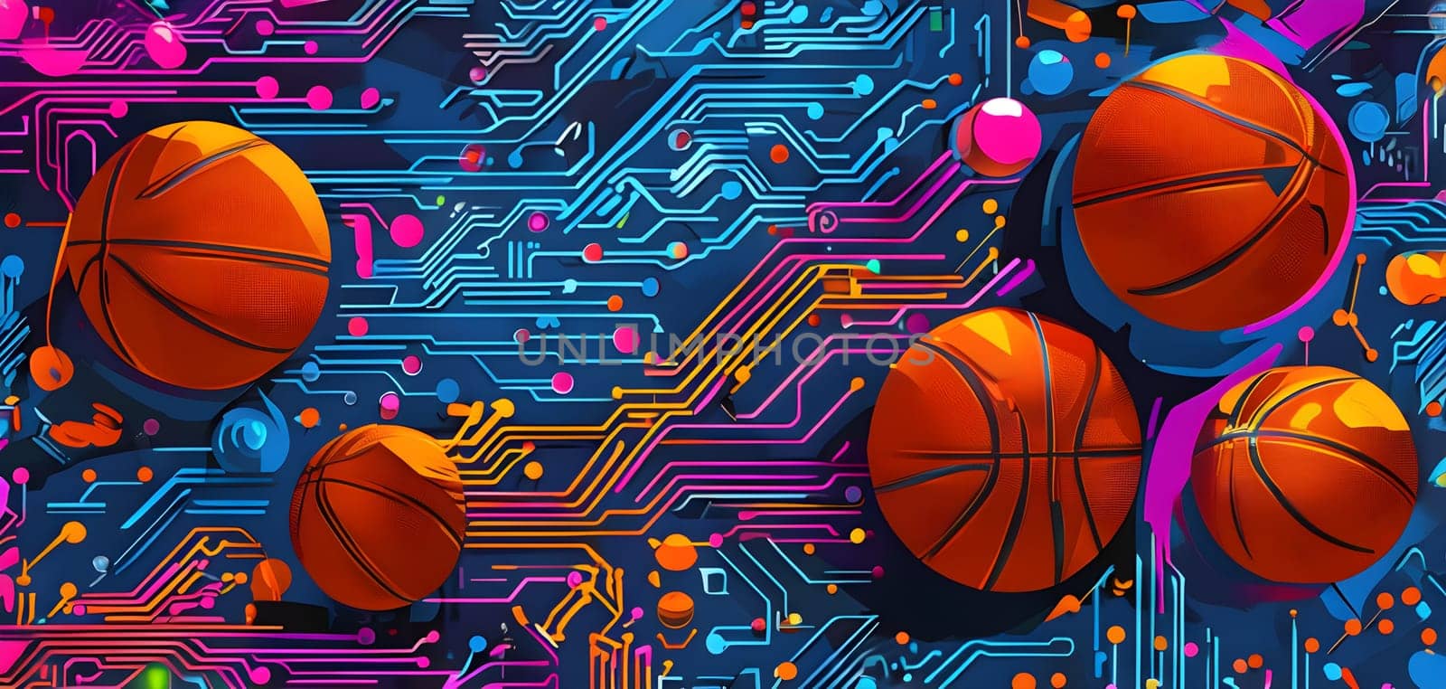 vibrant mix of abstract circuitry intertwined with basketball balls, representing AI role in personalized sports training
