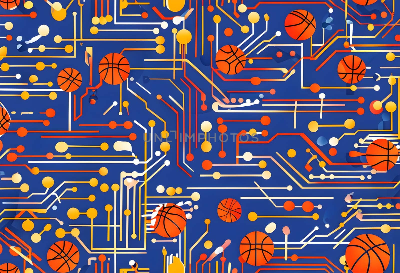vibrant mix of abstract circuitry intertwined with basketball balls, representing AI role in personalized sports training