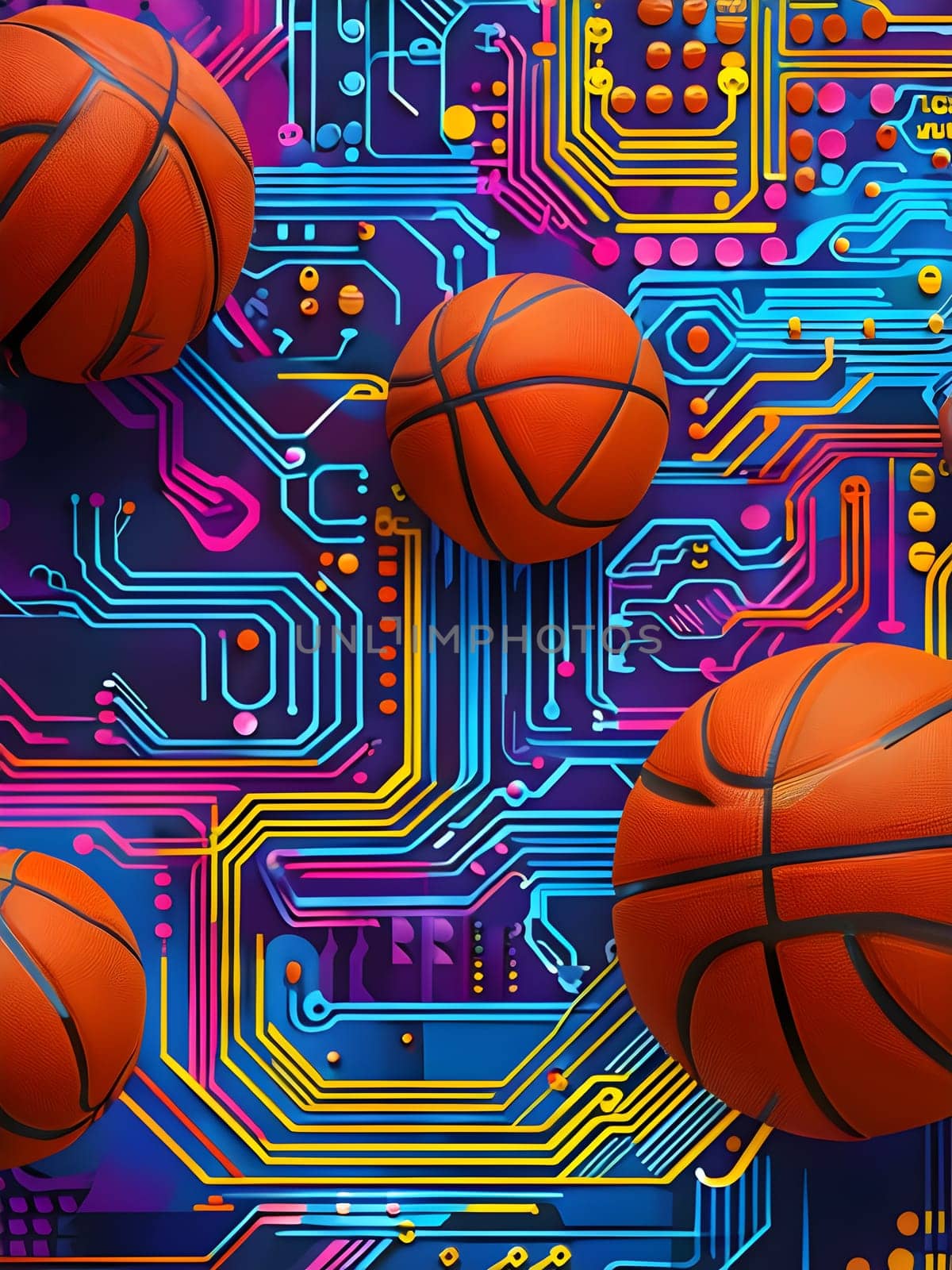 vibrant mix of abstract circuitry intertwined with basketball balls, representing AI role in personalized sports training