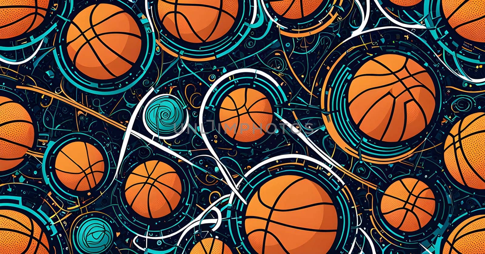 vibrant mix of abstract circuitry intertwined with basketball balls, representing AI role in personalized sports training