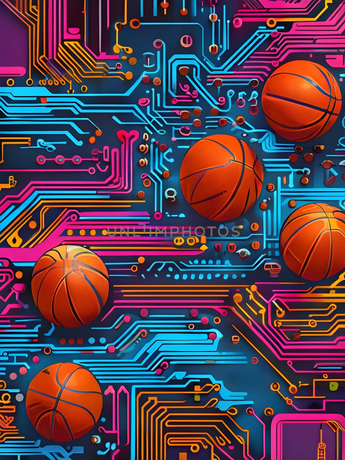 vibrant mix of abstract circuitry intertwined with basketball balls, representing AI role in personalized sports training