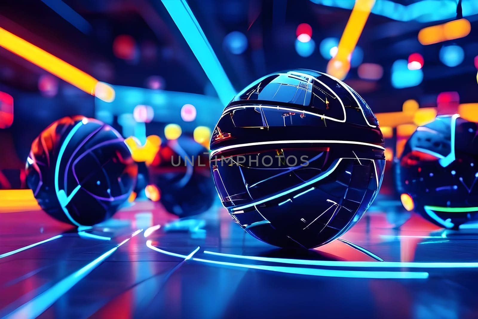 vibrant mix of abstract circuitry intertwined with basketball balls, representing AI role in personalized sports training