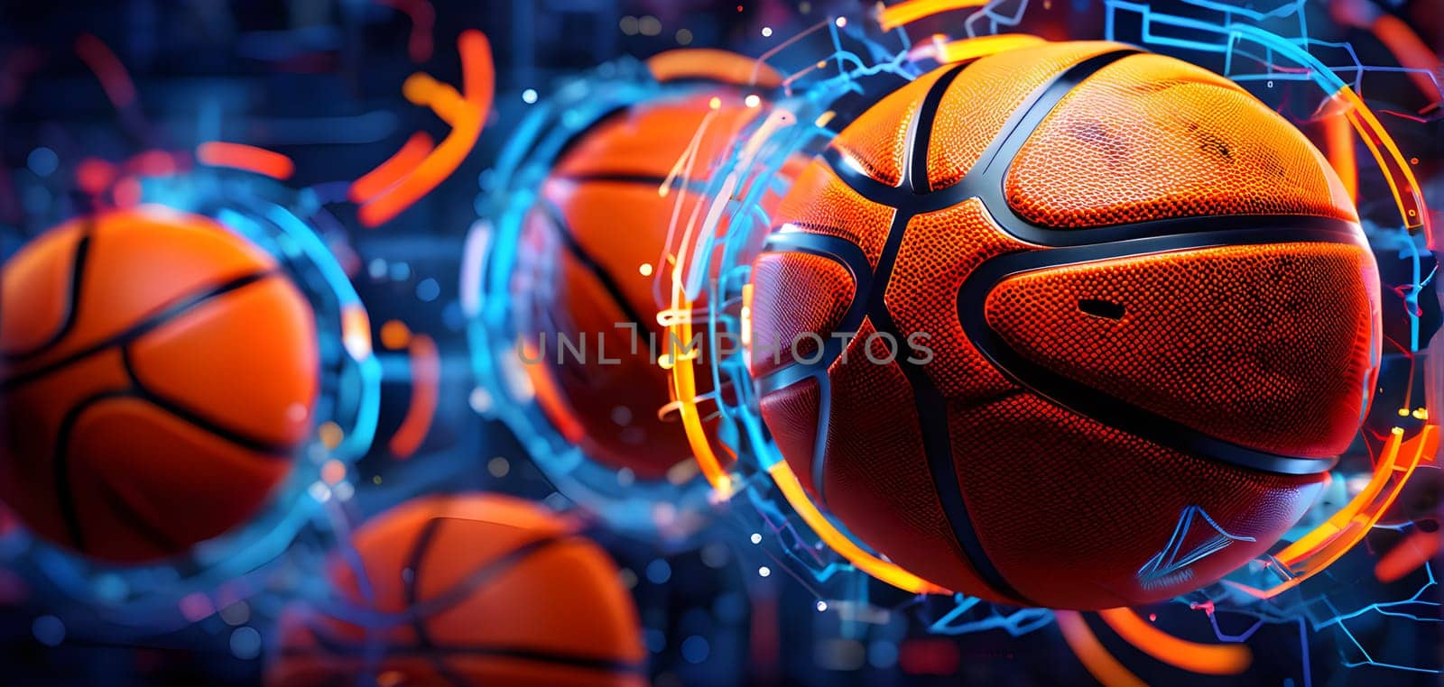 vibrant mix of abstract circuitry intertwined with basketball balls, representing AI role in personalized sports training