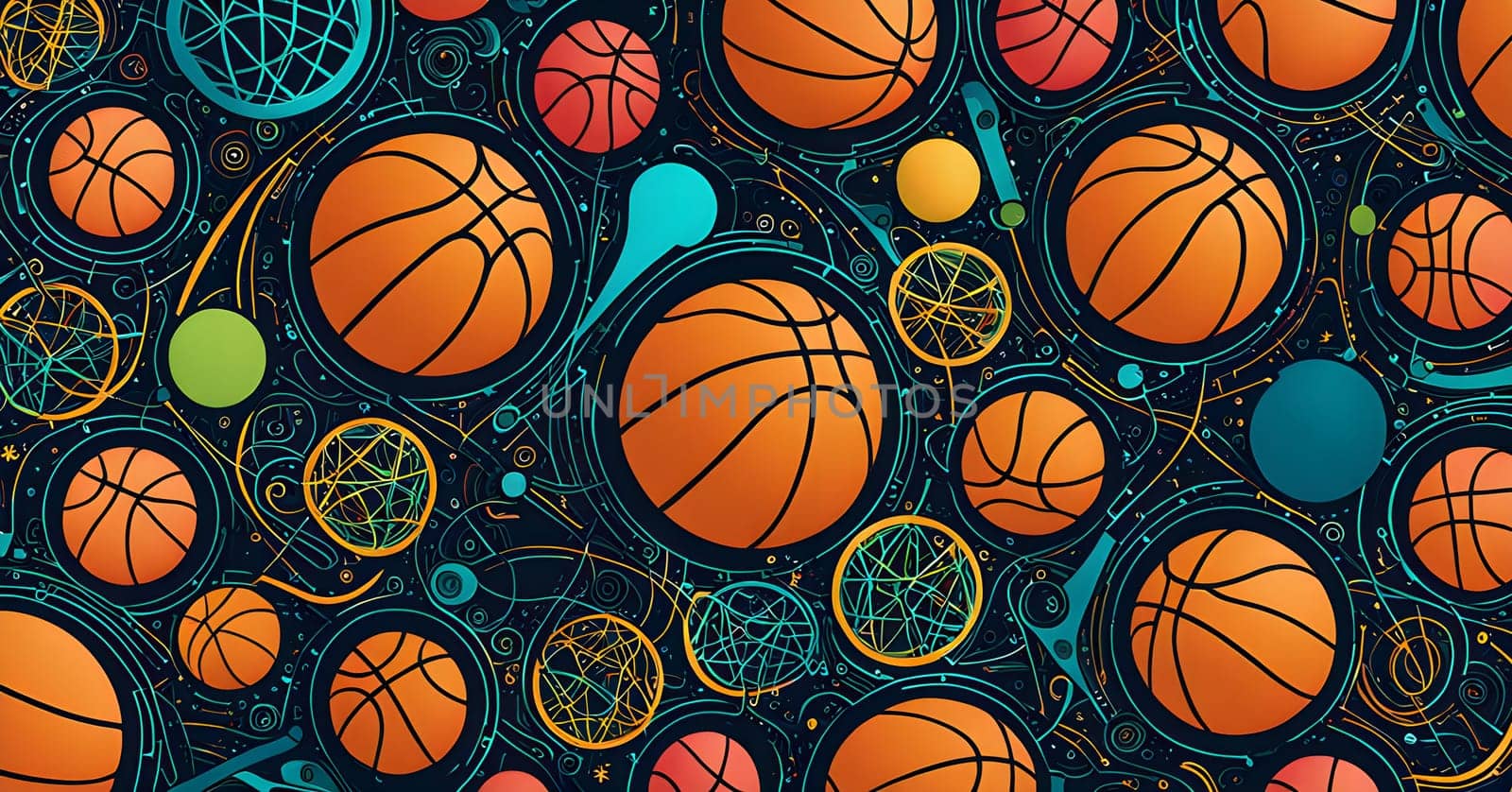 vibrant mix of abstract circuitry intertwined with basketball balls, representing AI role in personalized sports training