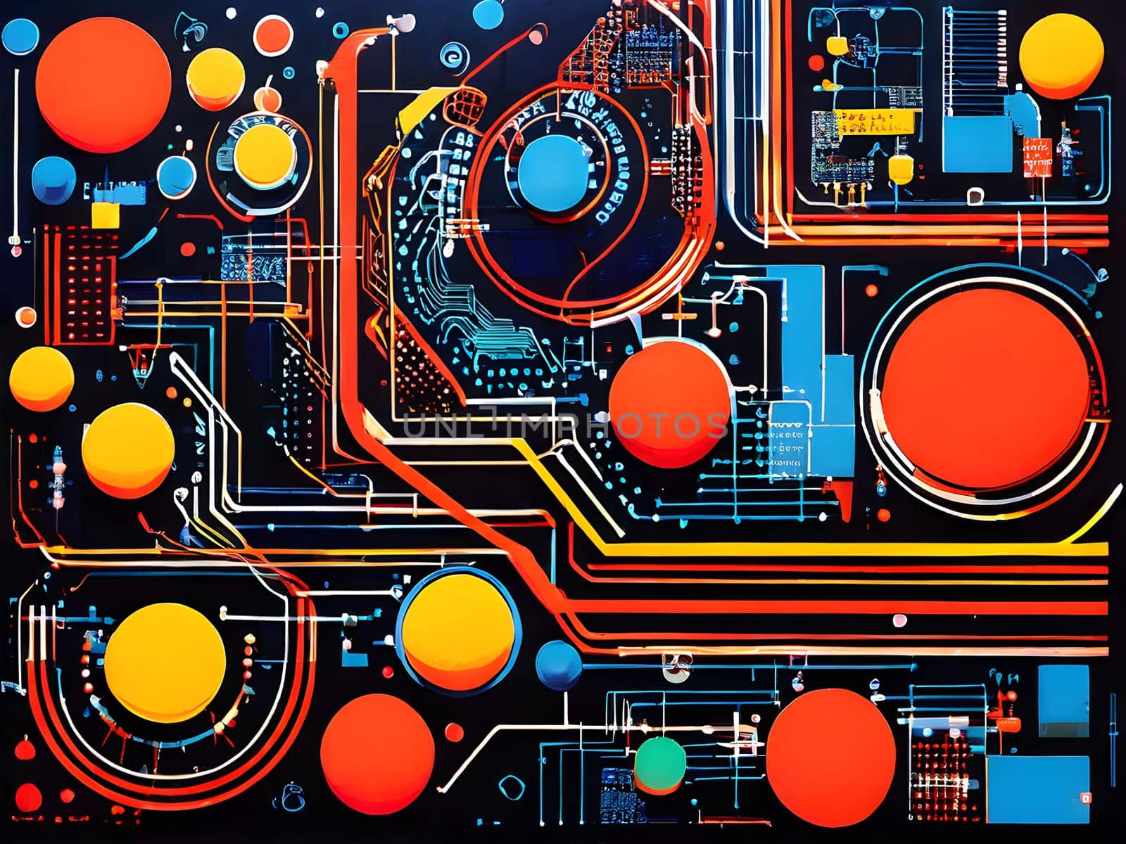 vibrant mix of abstract circuitry intertwined with basketball balls, representing AI role in personalized sports training