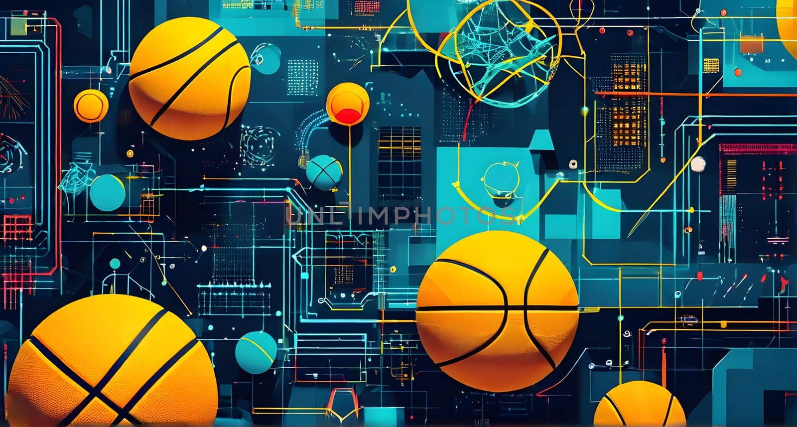 vibrant mix of abstract circuitry intertwined with basketball balls, representing AI role in personalized sports training