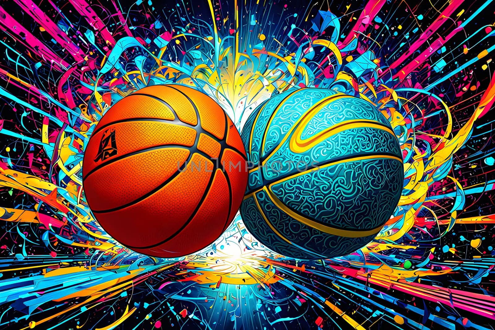 vibrant mix of abstract circuitry intertwined with basketball balls, representing AI role in personalized sports training