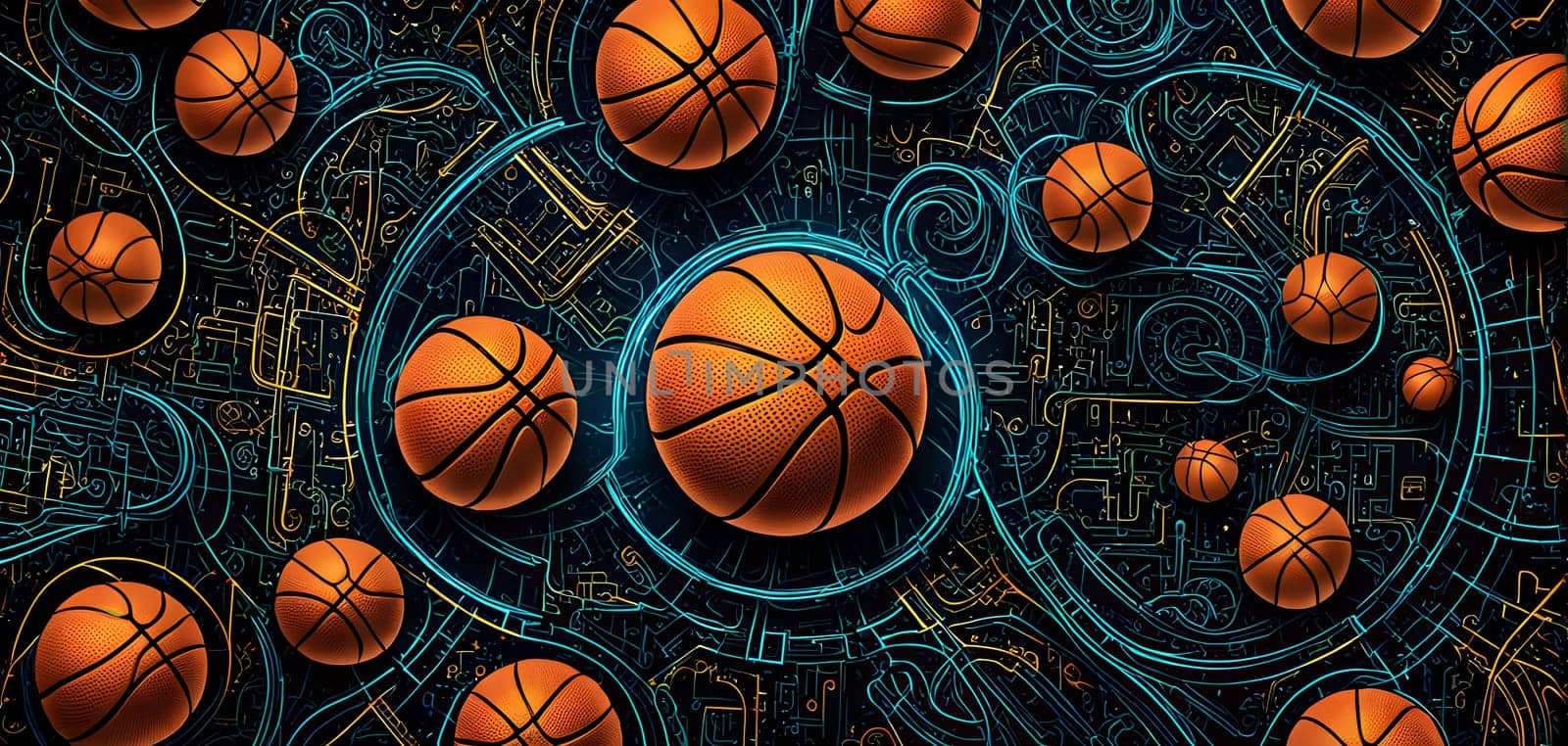 vibrant mix of abstract circuitry intertwined with basketball balls, representing AI role in personalized sports training