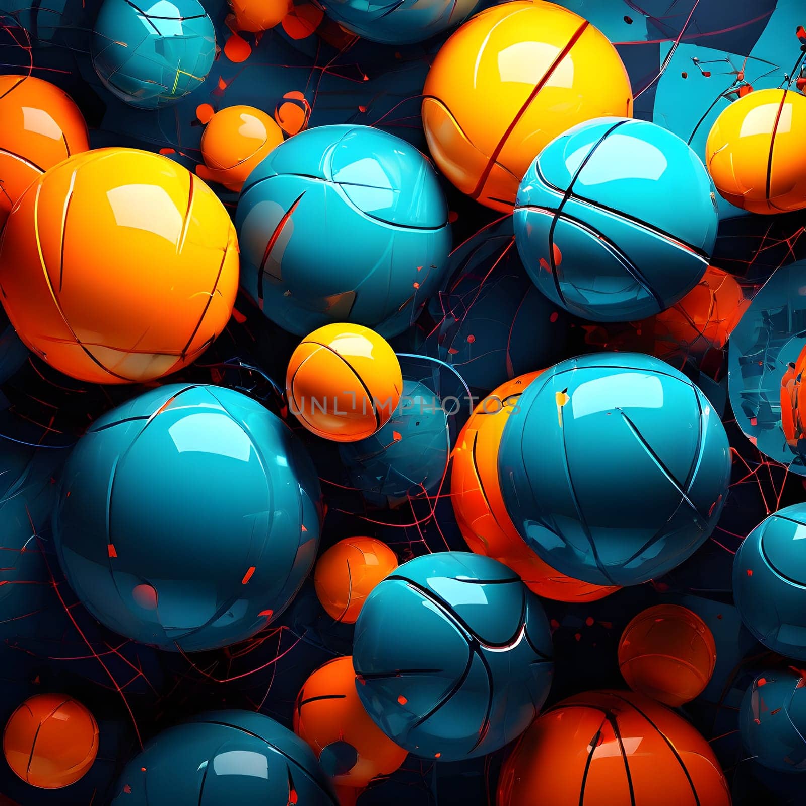 vibrant mix of abstract circuitry intertwined with basketball balls, representing AI role in personalized sports training