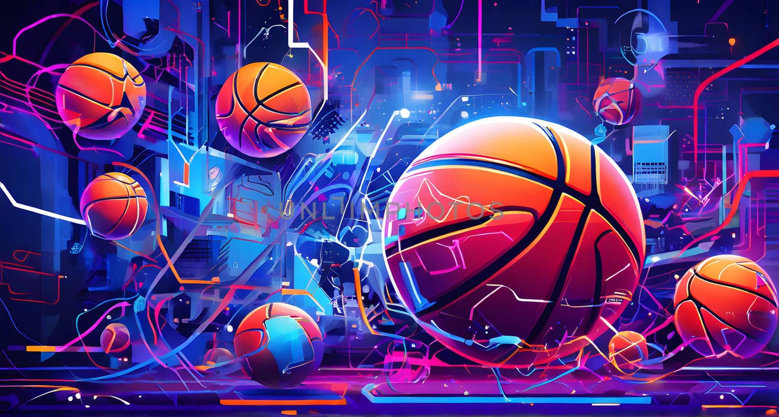 vibrant mix of abstract circuitry intertwined with basketball balls, representing AI role in personalized sports training